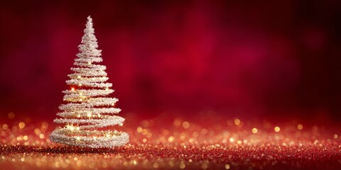 Wall Mural - sparkling gold christmas tree on red glitter background, festive holiday greeting card