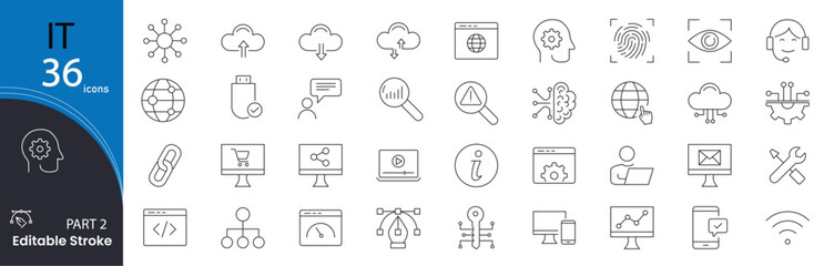 IT icon set. Information technology and computing related line icon. computer, coding, server, cloud, network, database, security, support, software and hardware. Editable stroke. Vector illustration.