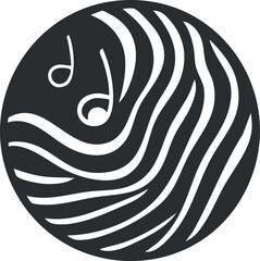 Wall Mural - Abstract black and white circular design featuring wavy lines and musical notes symbolizing sound and rhythm.
