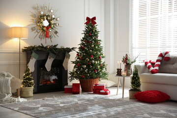 Poster - Cozy spacious room decorated for Christmas. Festive interior design