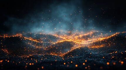 Wall Mural - glowing particles, abstract background. dark particles with orange dots, digital art, 3d render