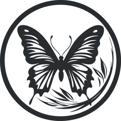 Wall Mural - Black silhouette of a butterfly with detailed wings inside a circular frame with decorative leaves