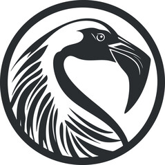 Wall Mural - Black and white stylized bird logo with sharp beak and detailed feathers inside a circular frame