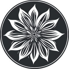 Wall Mural - Black and white stylized flower mandala design with intricate petal patterns in circular shape