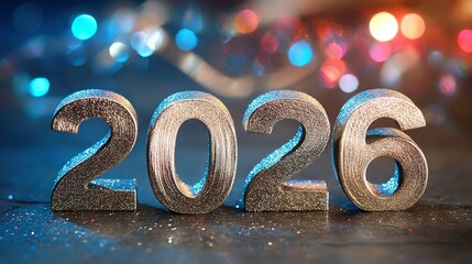 Wall Mural - sparkling new year 2026 banner. silver numbers, glitter, abstract colorful lights bokeh background.