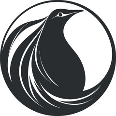 Wall Mural - Stylized black bird silhouette logo inside a circle with flowing feather design and elegant curves