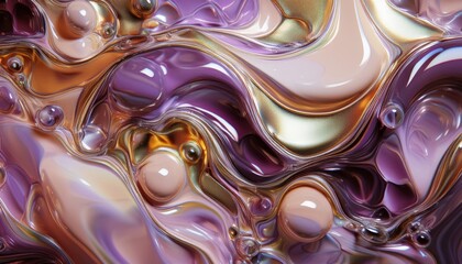 Poster - iridescent molten abstract swirl in violet, gold, and pearl hues for luxury web design, branding, or modern print media background with fluid 3d glass texture and high gloss depth

