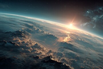 Wall Mural - stunning sunrise view over earth from space with clouds and distant stars