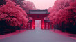 © Nesa - Ornate gate framed by vivid pink foliage under a hazy sky, leading to a soft, dreamlike path
