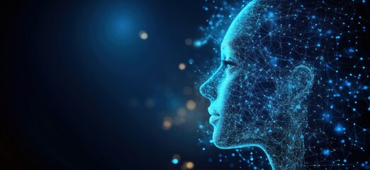 Wall Mural - digital human profile with network connections and glowing particles in blue tones