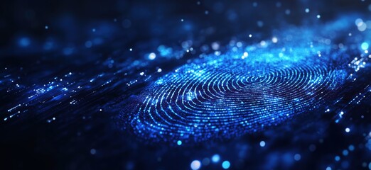 Wall Mural - digital fingerprint with glowing blue particles on dark background for security technology