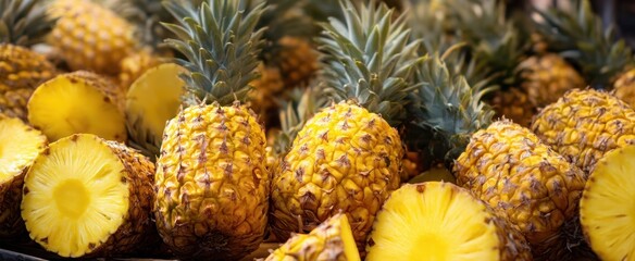 Wall Mural - The vibrant pineapples arranged beautifully in a market setting.