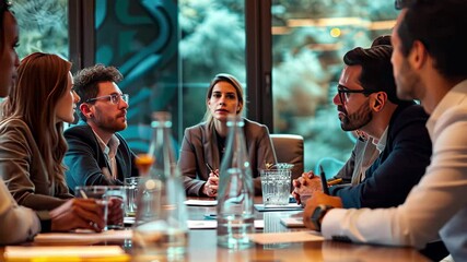 Aufkleber - Team meeting with professionals engaged in discussion and collaboration in an indoor setting with large windows showcasing nature