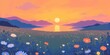© Margarita Ratatosk - Beautiful sunset over flower field and lake. Nature landscape with mountains and golden sky. Outdoor peace and serenity.
