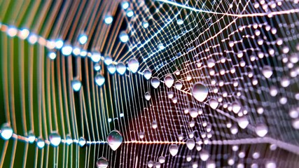 Close-up view of intricate spiderweb covered in dewdrops, glistening in sunlight, showing natural geometric patterns and textures against blurred background.