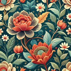  Colorful floral pattern showcasing detailed flowers and leaves on a dark background in a decorative style Generative AI