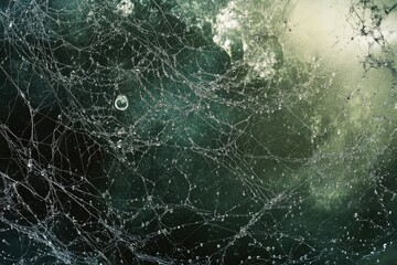 Intricate spiderweb glistening with morning dew, dark green background.