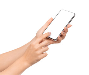 Fototapete - Female hand touching blank smartphone screen isolated on white background, copy space