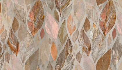 Poster -  hand drawn textured leaf pattern in warm earth tones on vintage gray canvas for wallpaper, textile, branding, web background, or organic print media design