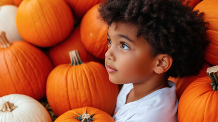 a young child gazes thoughtfully while surrounded by vibrant orange and white pumpkins at a pumpkin 