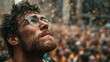 © Martinez - A man with glasses and wet hair looking up in a crowd during rain capturing an emotional momen
