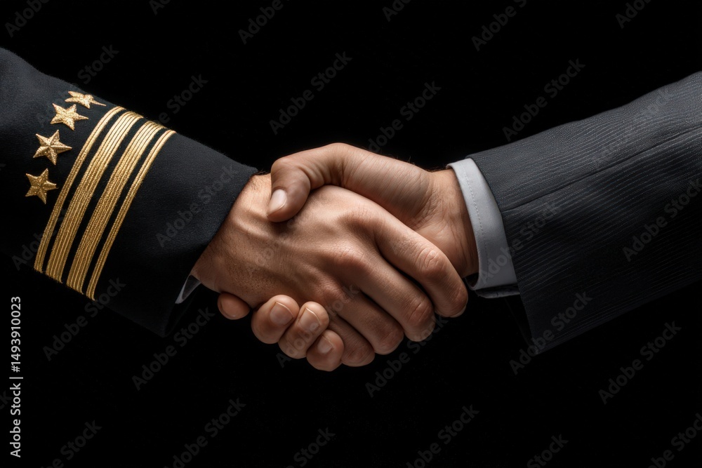 Two hands clasp in a firm handshake, one wearing a military uniform with insignia, the other in a formal suit. This moment represents unity and collaboration between different sectors.