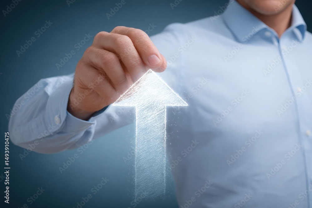 A business professional in a light blue shirt uses their hand to create a digital upward arrow. This action symbolizes growth and progress in a contemporary workspace setting.