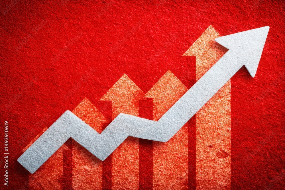 A visually striking graph with a series of ascending bars and a sharp arrow indicates significant growth over time. The background is vibrant red, enhancing the sense of achievement and progress.