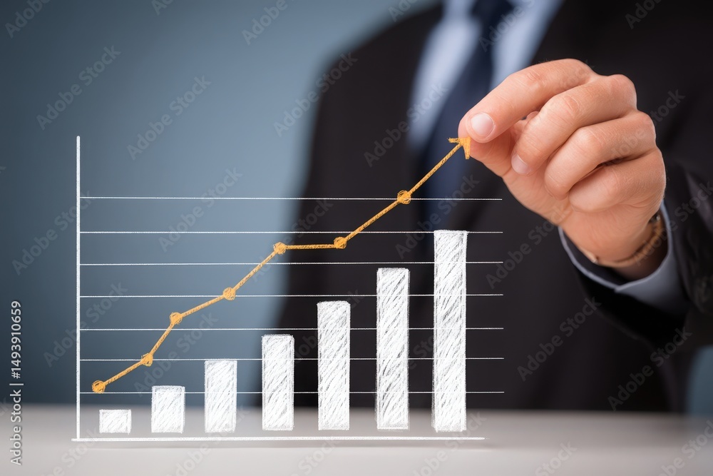 A businessman in a suit points at a chart showing increasing growth. The graph displays bars along with a line trend, indicating a positive performance in a professional setting.