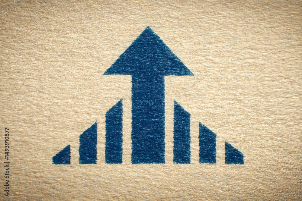 A blue upward arrow and bar graph represent growth and improvement. This visual conveys a strong message about increasing trends in business metrics and financial performance.