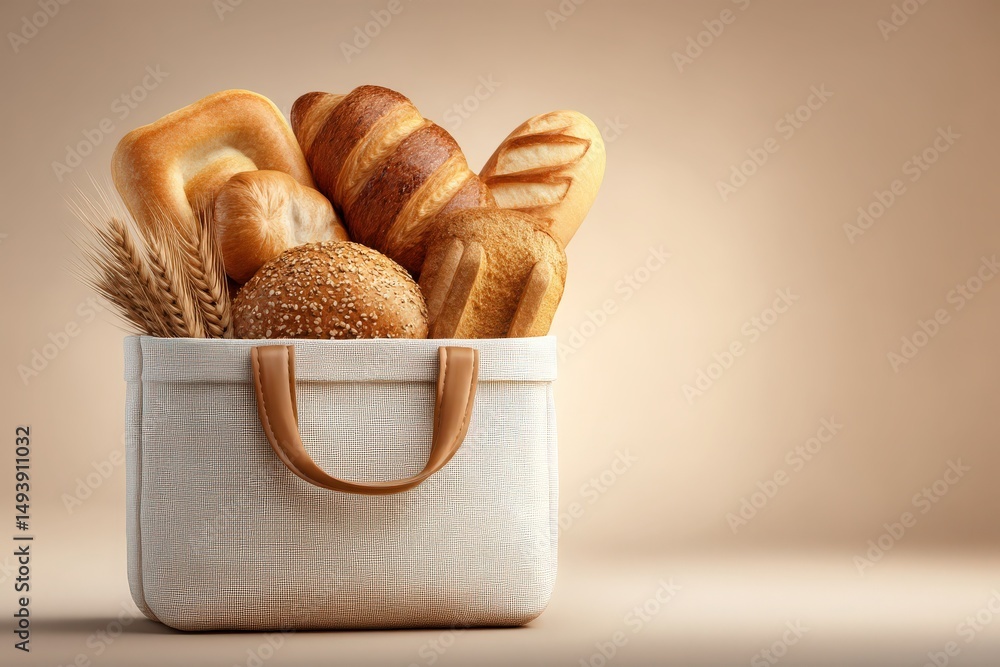 A collection of various bread types, including loaves and rolls, is nestled in a fabric bag. The warm colors and textures highlight the artistry of baking against a neutral background.
