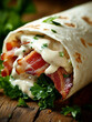 © Atlantis - Delicious tortilla wrap with fried bacon, fresh parsley and creamy sauce lying on wooden table