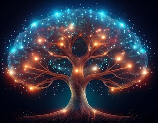 Wall Mural - abstract illustration glowing tree of connections brain network lights design art