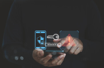 Aufkleber - Cyber security and cyber crime warning notification. Fraud alert or smartphone Scam, System hacked warning alert on mobile. Cyber attack network, Virus, Spyware, Malware. hack password personal data.