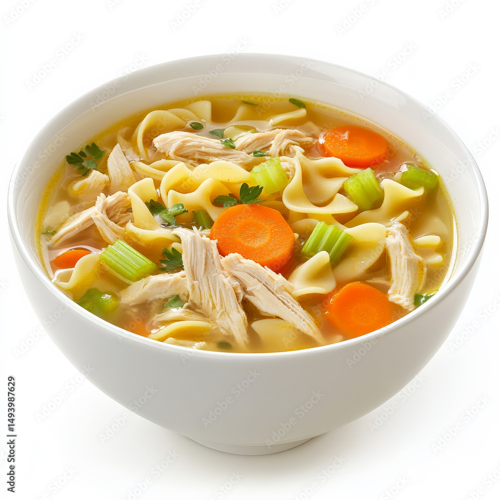 A steaming bowl of classic chicken noodle soup with tender shredded chicken, egg noodles, carrots, and celery in a flavorful golden broth. A comforting dish for any season. Isolated on clean white