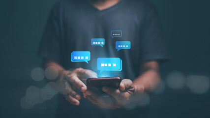 Poster - Digital online communication and social media concept, Businessman using application chat on smartphone for online marketing. Chatting to find information about products and services.