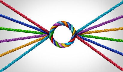 Leinwandbilder - Unity Success Concept Connecting together in a perfect circle as a teamwork symbol or a business success metaphor for joining a partnership of diversity as diverse ropes connected.