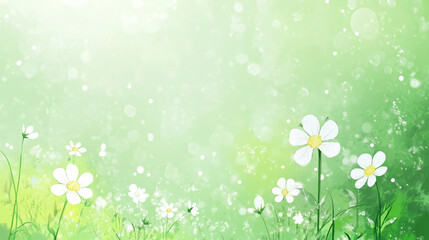 fresh and elegant green flower field scenery, white flowers under sunlight wallpaper