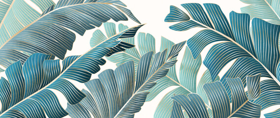 Wall Mural - art background with tropical blue and green leaves in line art style. botanical banner with tropical