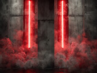 Aufkleber - Red Neon Lights in Concrete Room with Smoke, Dramatic Lighting, Low Angle, Modern Architecture, Studio Shot, Abstract