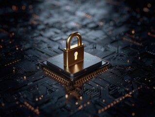 Aufkleber - Golden Padlock Securing a Microchip on a Circuit Board Close Up Digital Security Cyber Security Data Protection Information Technology Concept