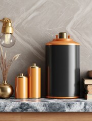 Poster - Modern interior still life with decorative canisters on marble shelf against gray wall featuring gold accents and vintage light fixture