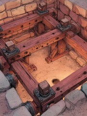 Leinwandbilder - Close-up of a wooden structure with stone foundation, illustration, warm lighting, detailed line work, overhead shot, ancient design