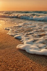 Poster - Golden Hour Ocean Waves Gently Washing Ashore on Sandy Beach at Sunset Low Angle Close Up Nature Scene