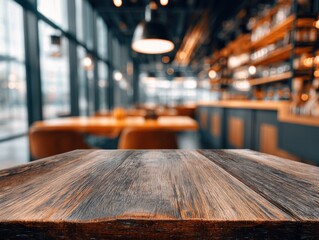 Poster - Rustic wood tabletop foreground in restaurant interior, blurred background, warm lighting, inviting atmosphere, food service industry, eye level view