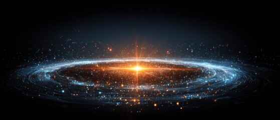 Poster - Abstract galaxy formation with bright light in center and swirling particles on dark background concept science fiction illustration
