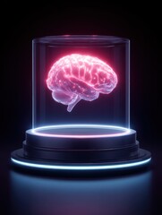 Leinwandbilder - Glowing Brain in Glass Case on Pedestal Generative AI Concept Futuristic Technology Still Life