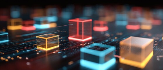 Fototapete - Abstract Data Cubes Floating on Network Grid Close Up Shot of Digital Information Architecture for Technology Concept