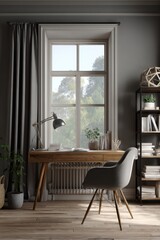 Poster - Serene Home Office Interior Featuring Wooden Desk and Gray Chair near Window with Natural Light and Bookshelf