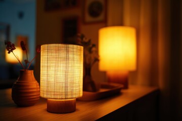 Poster - Cozy Interior Still Life with Lamps and Vase on Tabletop Warm Light and Soft Focus Home Decor